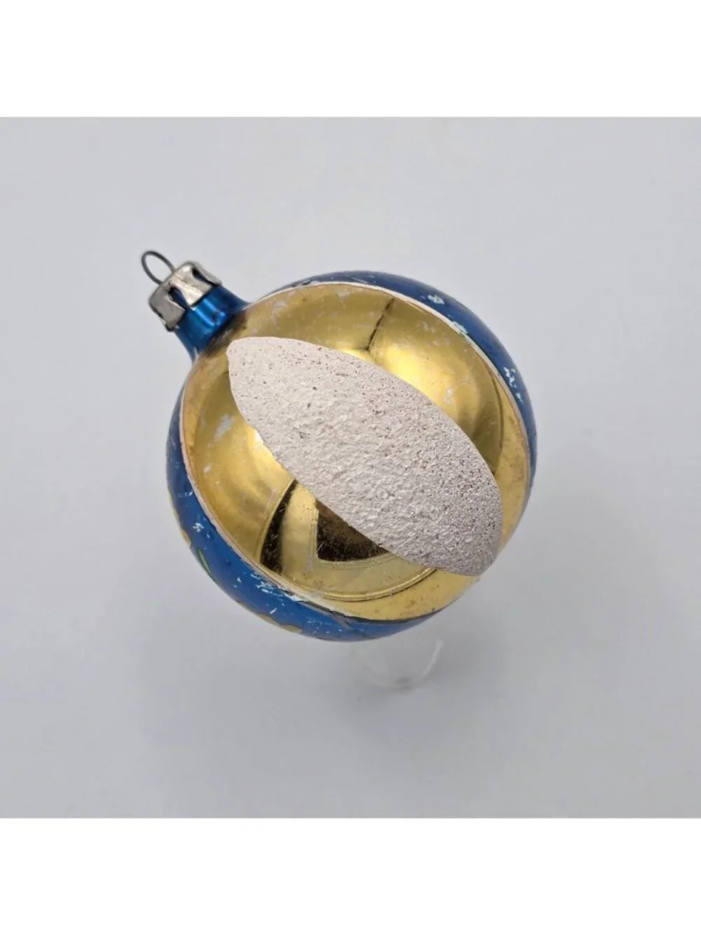 Vintage Poland Glass Ornament Ball Floral Blue Gold Christmas 2.5